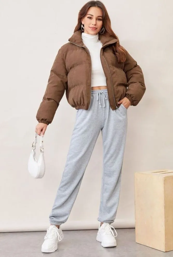 SHEIN Drop Shoulder Butterfly Chest Crop Puffer Zip Up High Neck Coat Jacket S