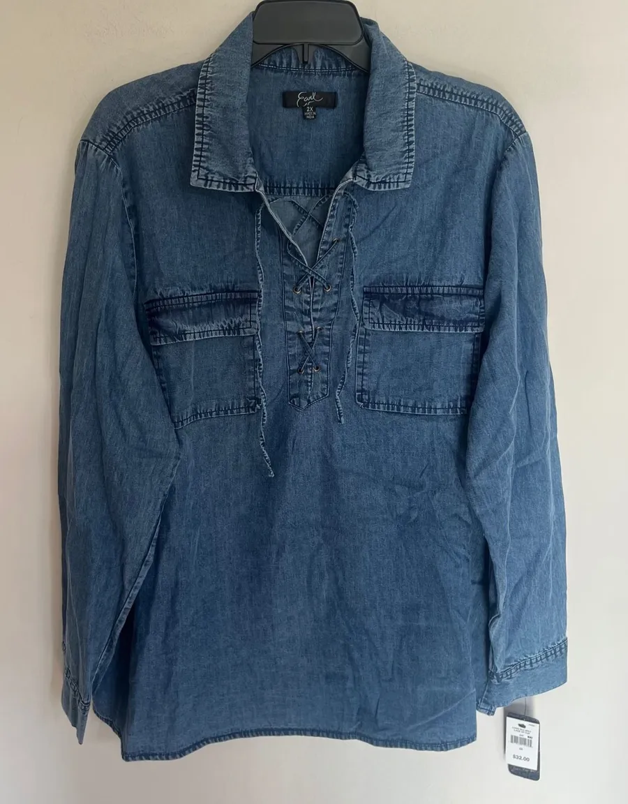 Earl Jean Womens 2X Blue Denim Chambray Lace Up Pullover Shirt Long Sleeve NWT