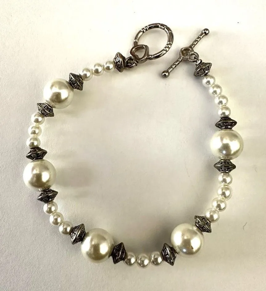 Silver tone faux pearl beaded bracelet