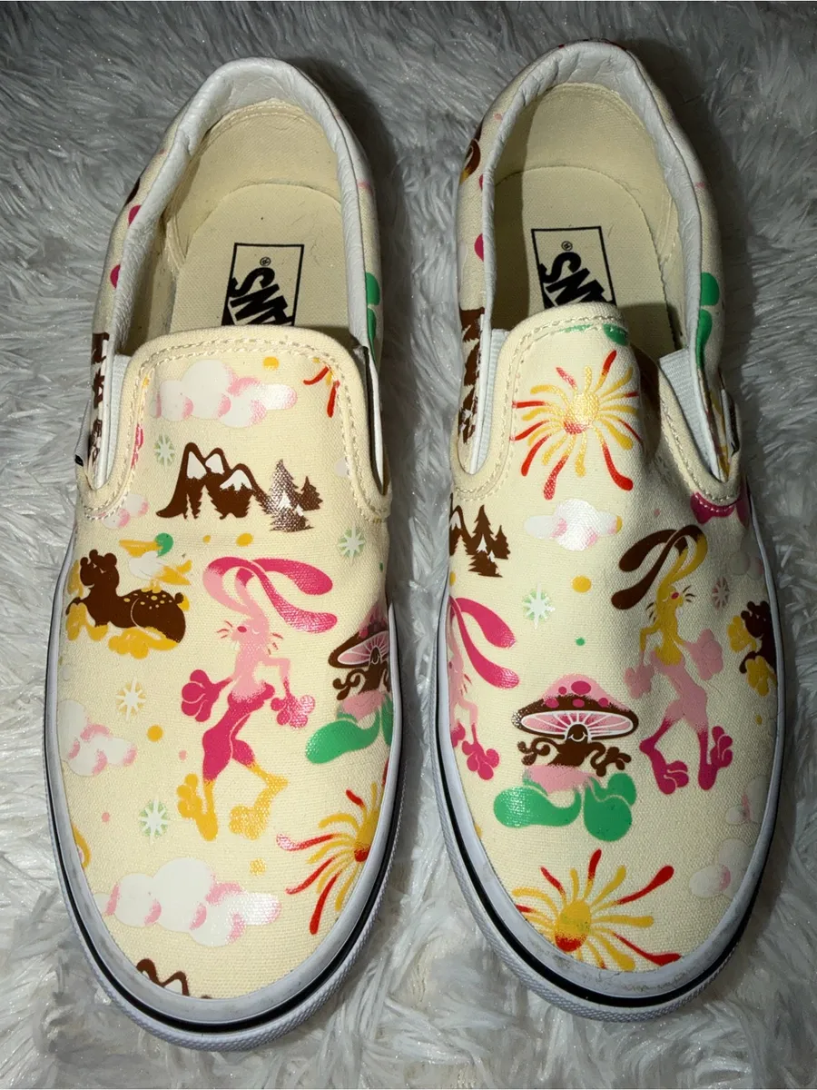 Vans Get Outdoors Slip Ons Women’s 8.5 Men’s 7 Trippy Rabbit Funky Mushrooms EUC