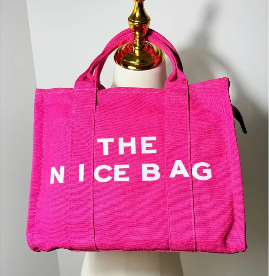 Vibrant Pink Canvas Tote Bag with Zipper Closure and Adjustable Shoulder Strap,