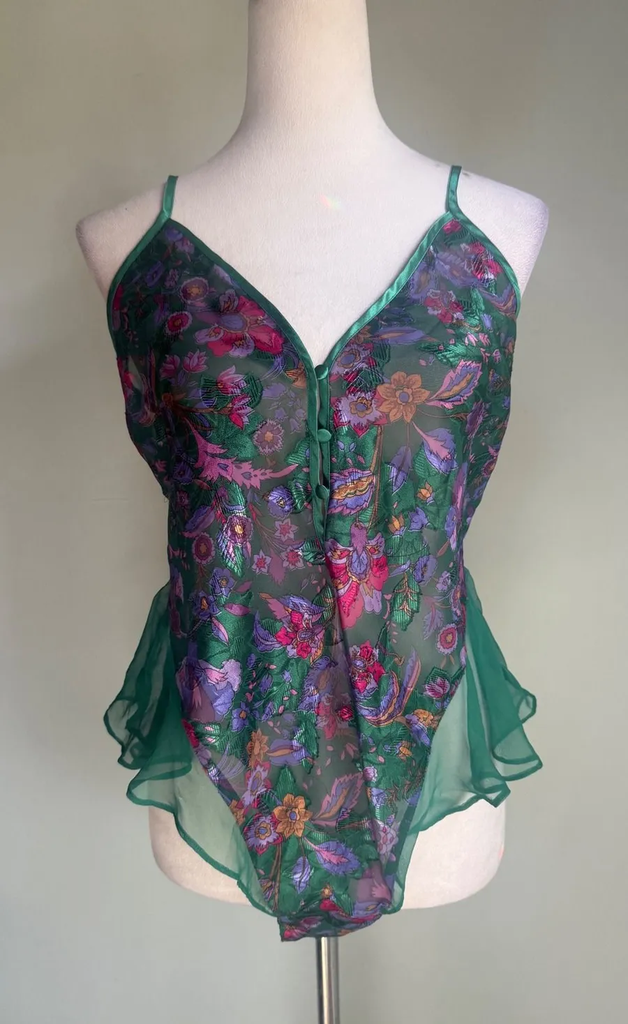 VTG Victorias Secret Gold Label Green Floral Chiffon Bodysuit Medium 90s whimsi