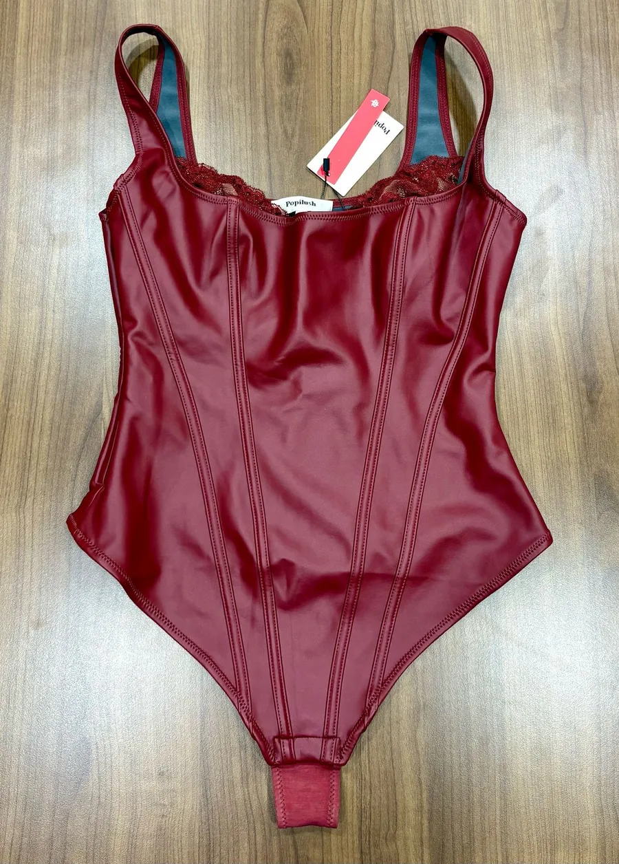 Popilush Faux Leather Lace Balconette Sculpting Bodysuit NWT Jujube Red L