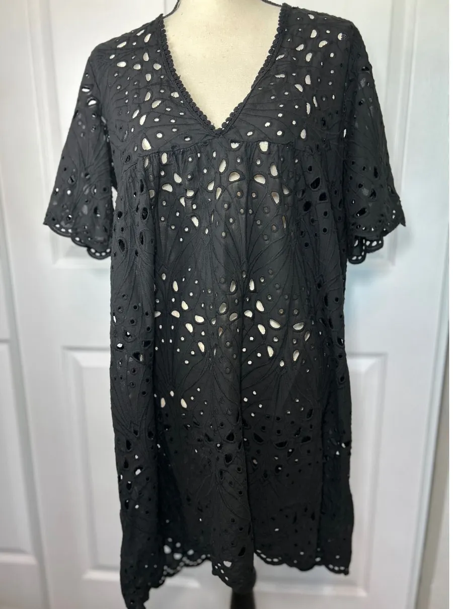 NWT Valentina Naldi Italy Black Eyelet Dress Short Sleeve Summer Chic Large