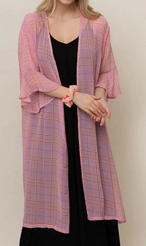 Do Everything In Love Women's Pink Plaid Flared Sleeve Kimono Cardigan