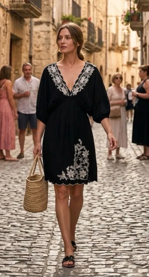 U2K Vintage Forever 21 Black V‑Neck Mini Dress with White Embroidery