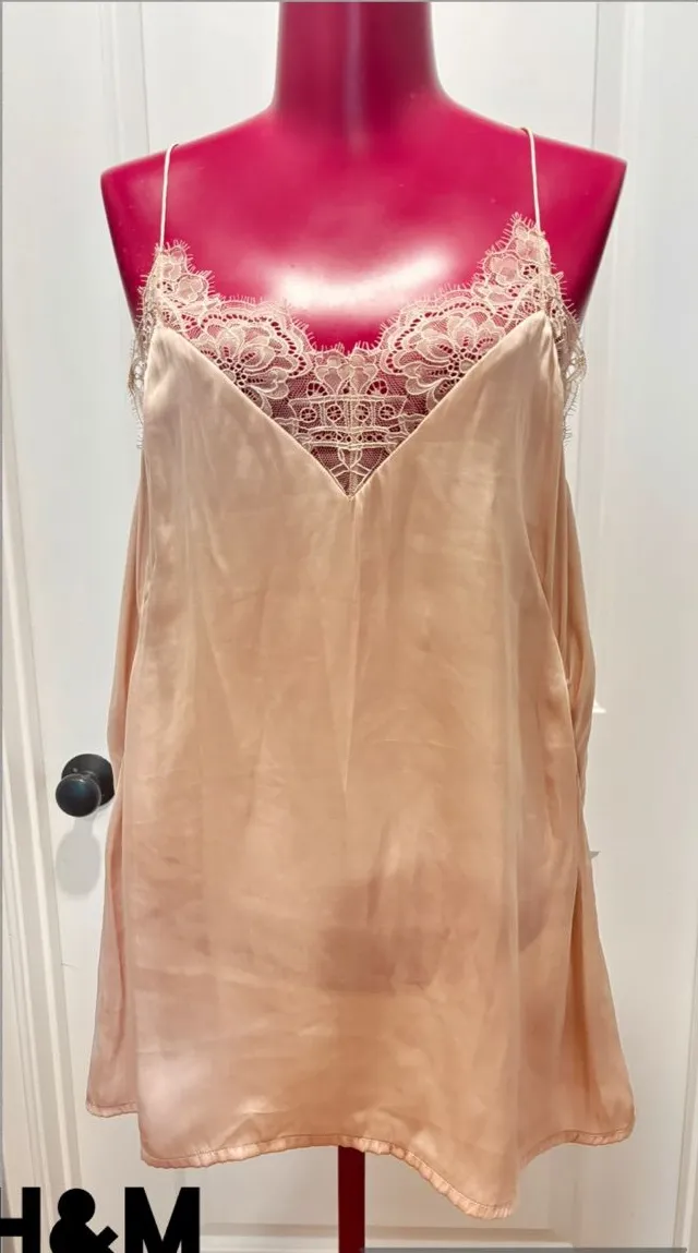 H&M Women's Lace Trim Satin Slip tunic top blush pink