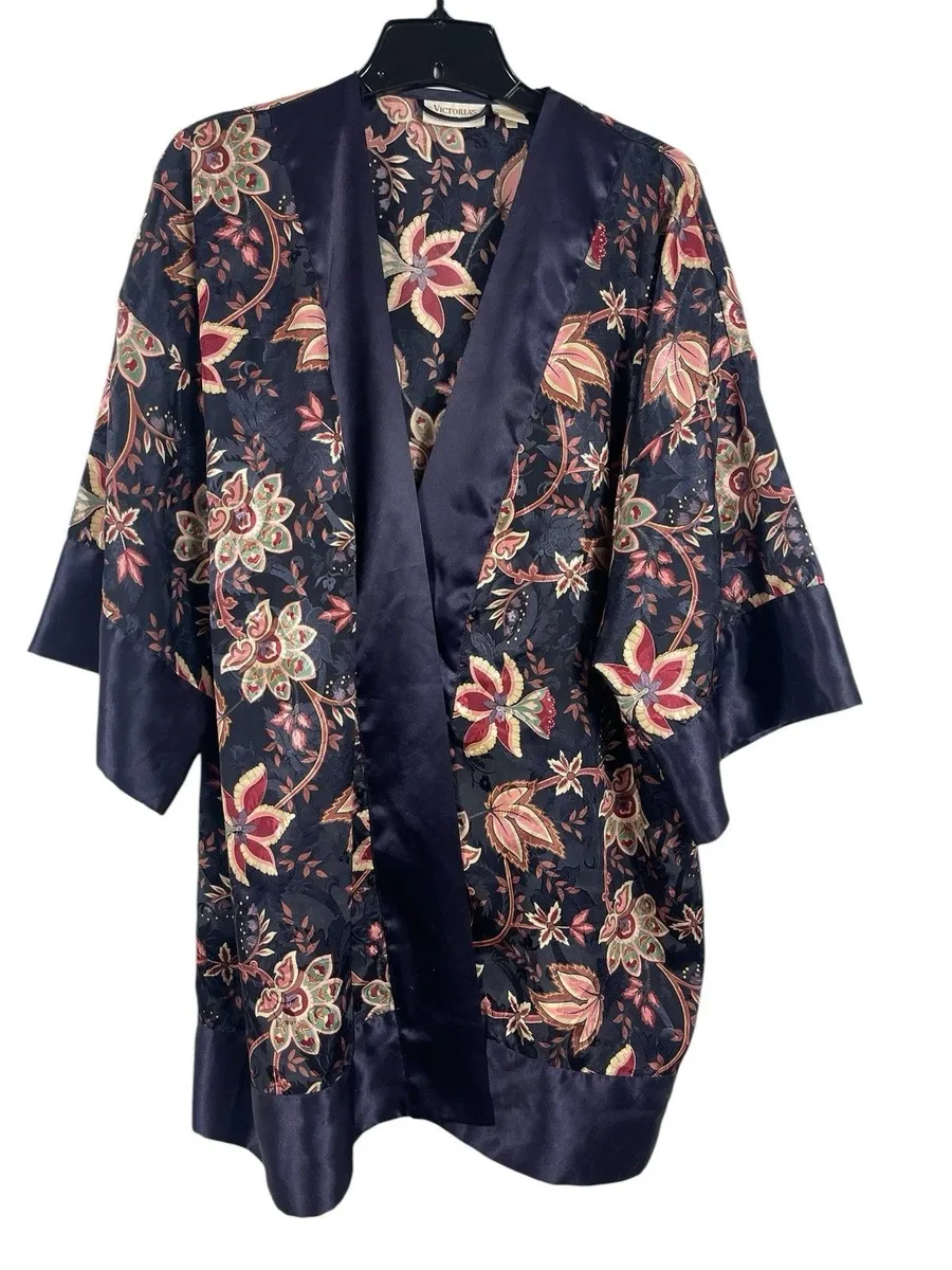 Victoria Secret Gold Label Semi Sheer Dark Floral Robe Satin Trim One Sz NO BELT