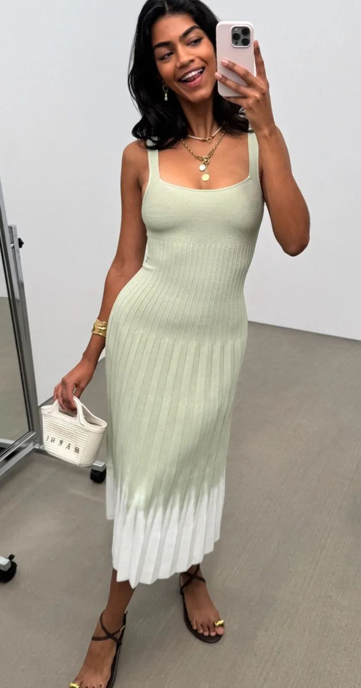 Staud Tie Dye Ellison Dress Sleeveless Pleated Midi A-Line Green & White Small