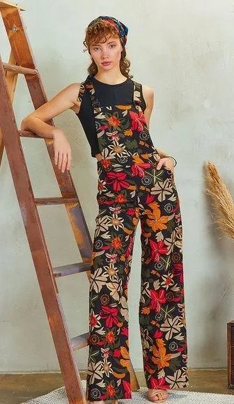 Floral Print Adjustable Buckle Straps Jumpsuit Pants Los Banditos Red