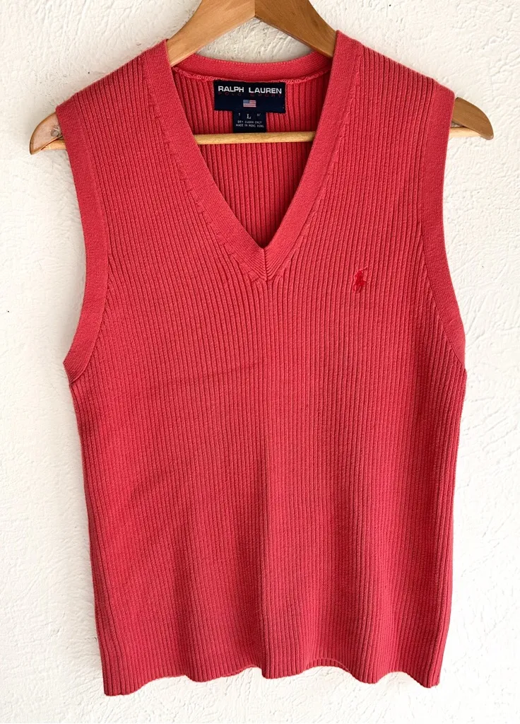 Vintage Ralph Lauren Polo Sport Ribbed Knit Sweater Vest Large Pink