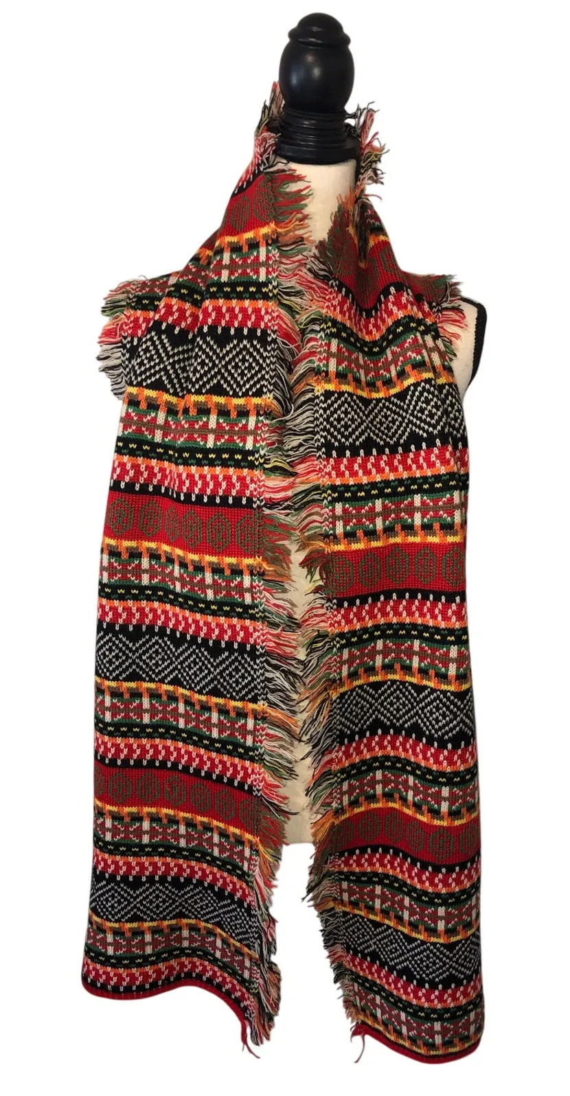 Knit Scarf Faire Isle Fringe Color Block Geometric Red Multi Reversable Long