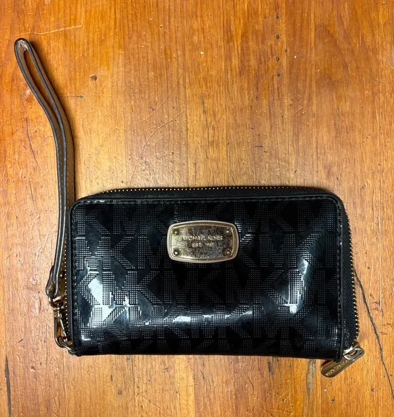Michael Kors Black Glossy MK Logo Wristlet Wallet with Gold Plaque
