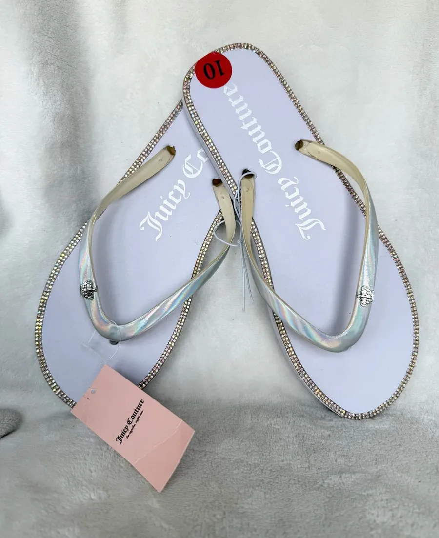 Juicy Couture Iridescent Flip Flop Sandals - White/Iridescent Size 10 New