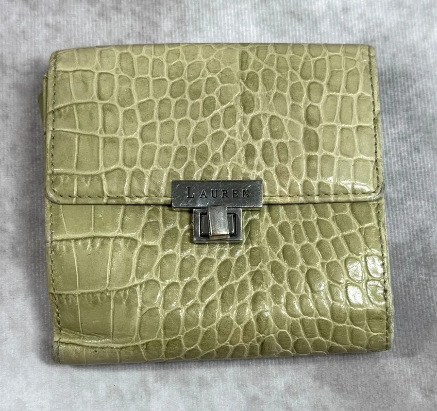 Ralph Lauren Leather Card Accordian Wallet Embossed Faux Croc Green 4"x 4"