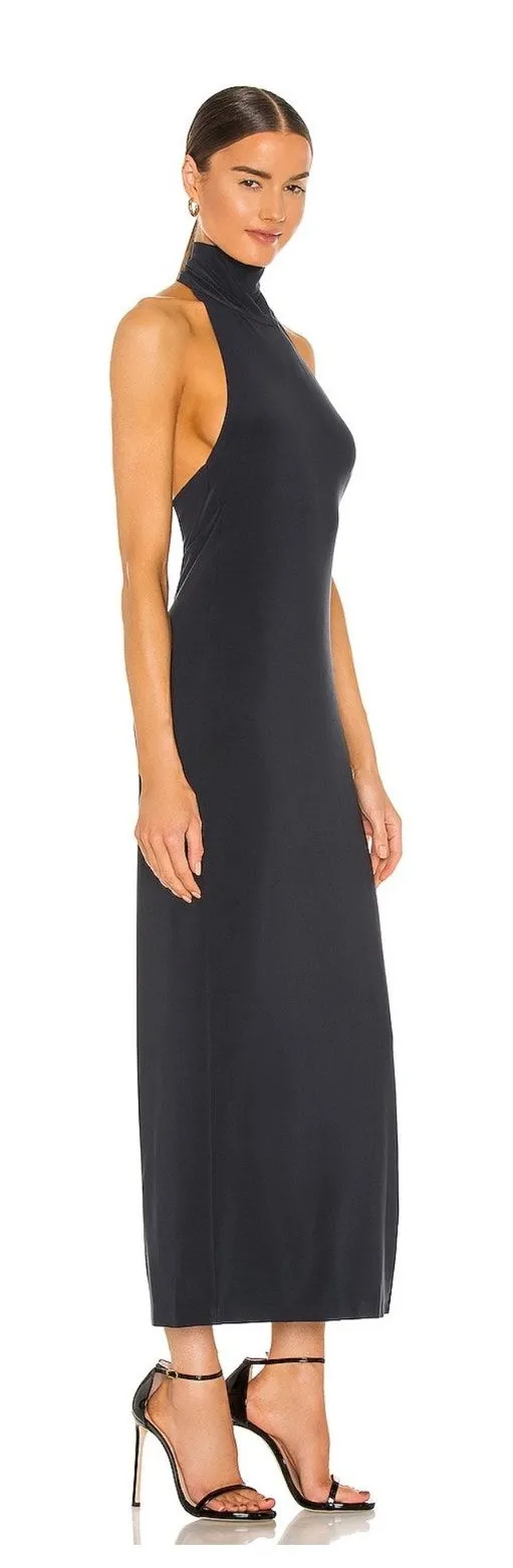 NEW Norma Kamali Halter Turtle Side Slit Gown Pewter Size XS