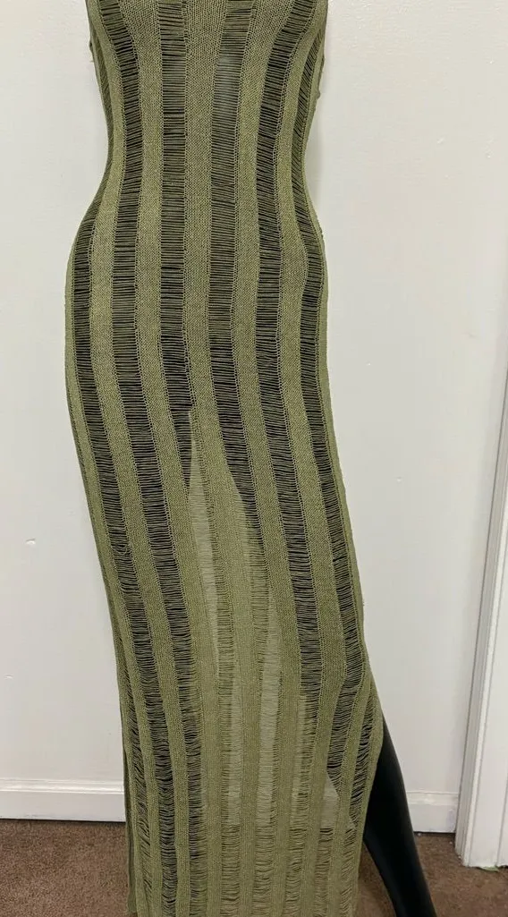 Olive Striped Sheer Maxi Swim Coverup Medium NWT Green