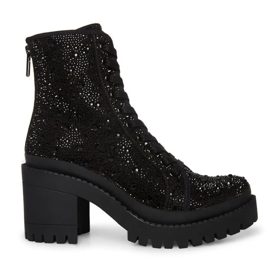 NEW Steve Madden Pass Rhinestone Crystal Combat Boots Black Size 10