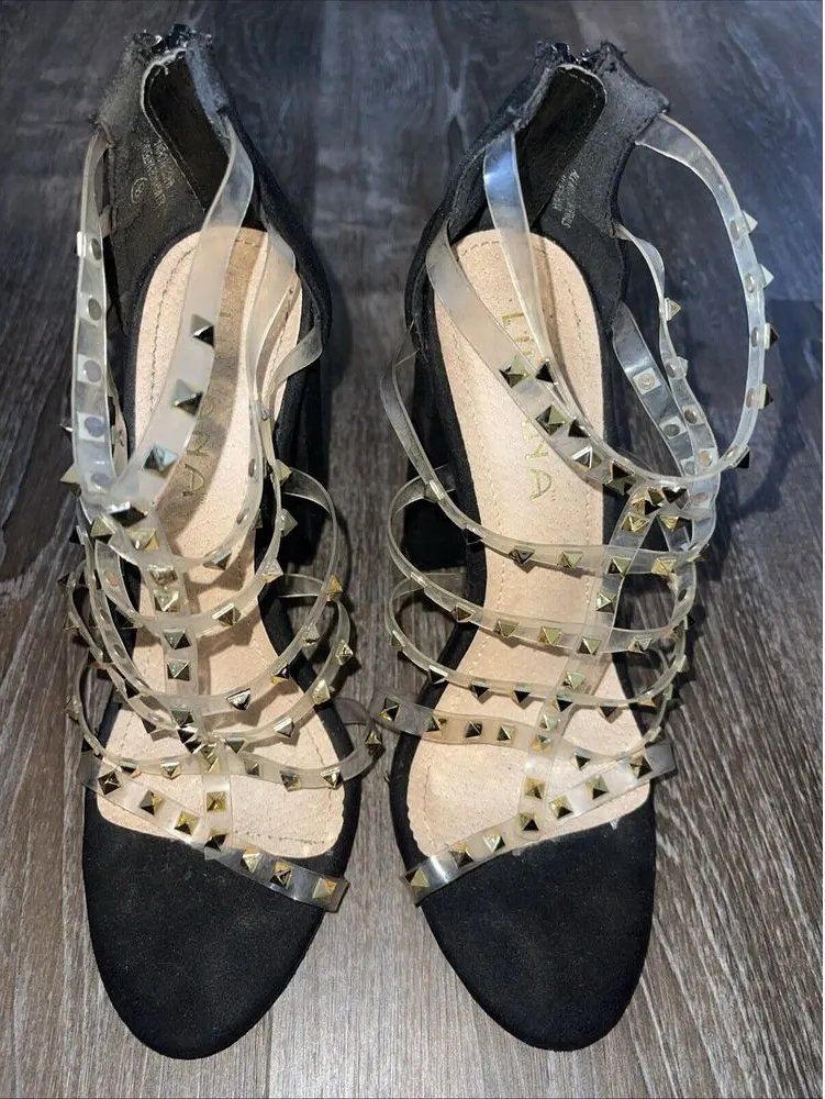 Liliana Crush Size 8 Black Suede Gold Strappy Chunky Heel , S-101