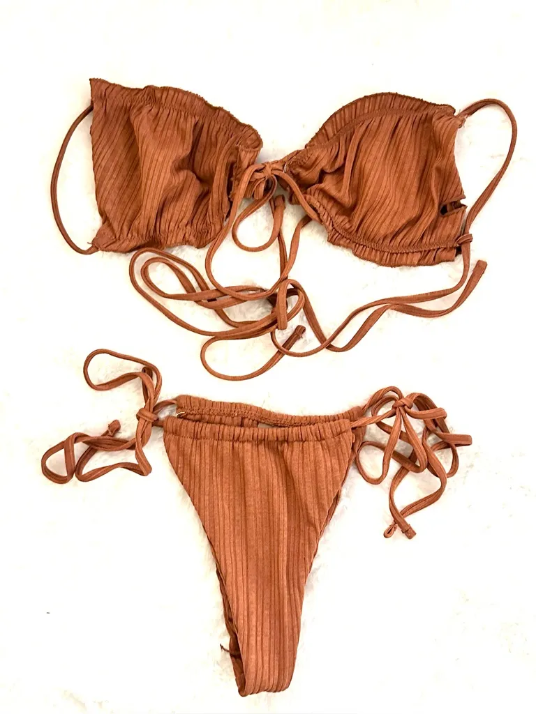 SHEIN Ribbed Burnt Orange Brown 3 Piece Tie Bikini Set Cover Up Sarong Medium