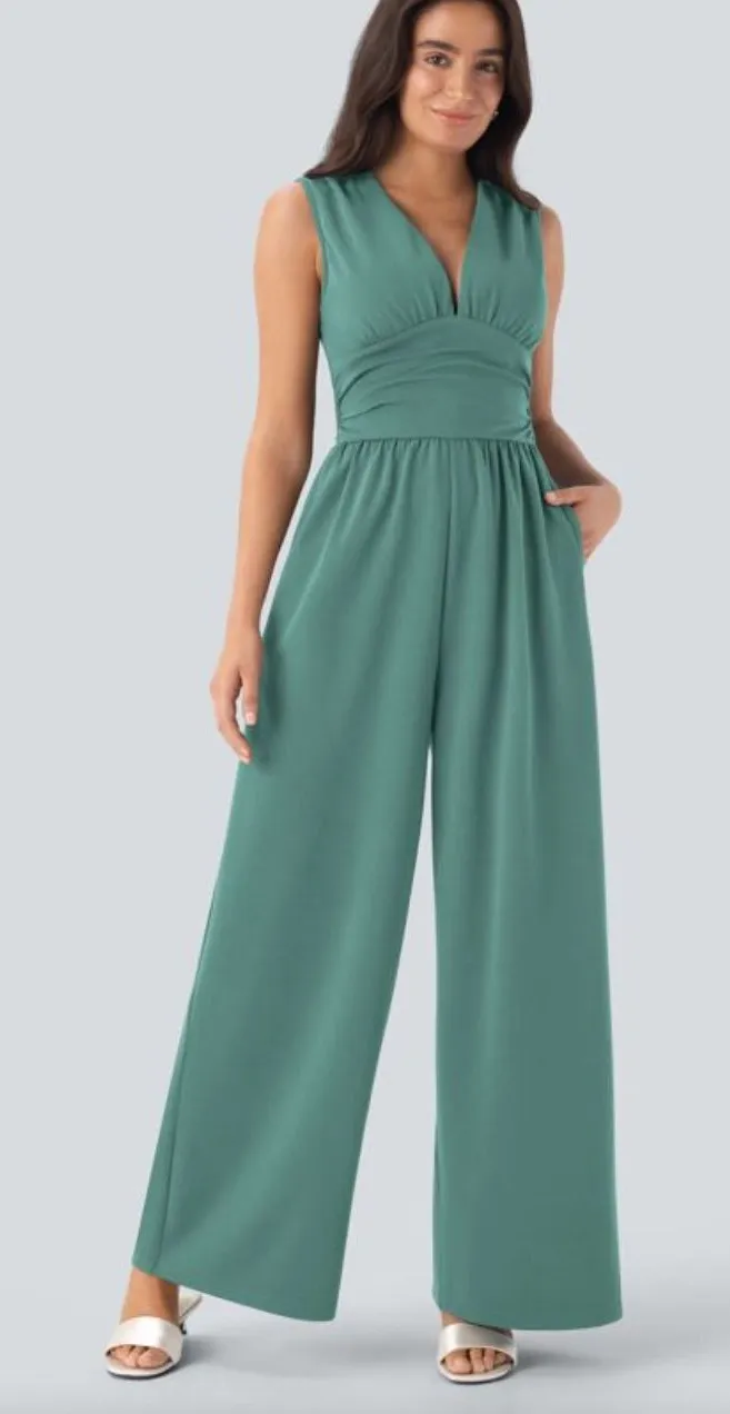 NWOT Halara Green V Neck Sleeveless Ruched Pocket Jumpsuit-Easy Peezy