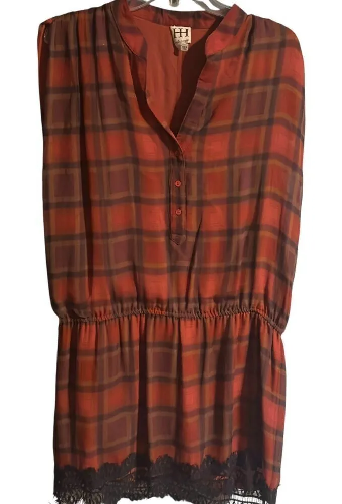 Haute Hippie Silk Plaid Dress L Red Black Lace Trim Gossip Girl