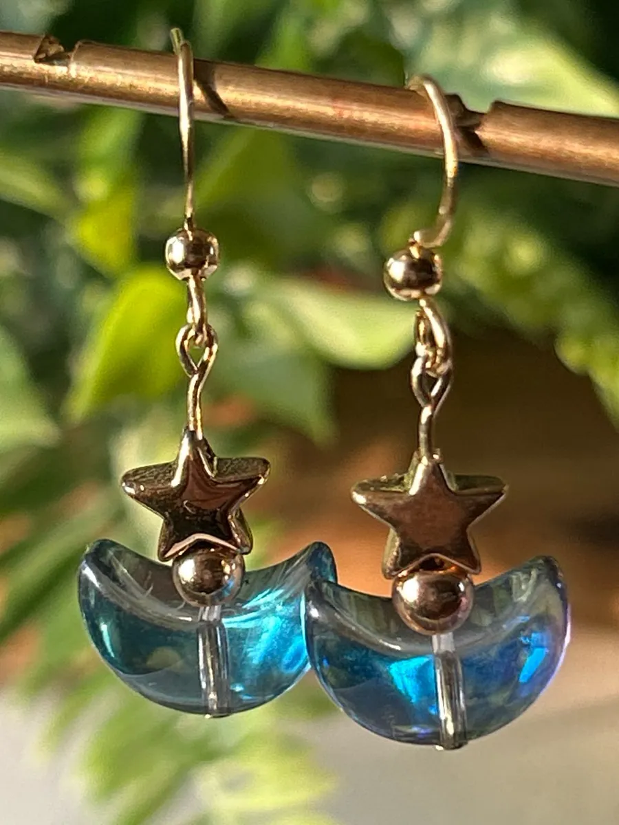 Gold Star Drop Earrings with Blue Crescent Moon