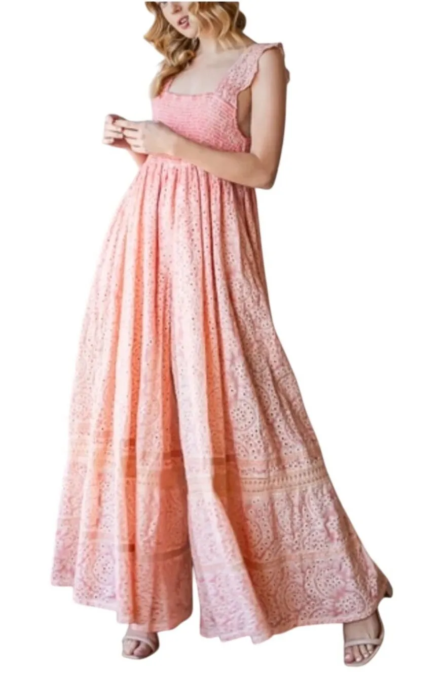 Oli & Hali Jumpsuit Large Pink Eyelet Smocked Wide Leg Ruffle Strap Boho
