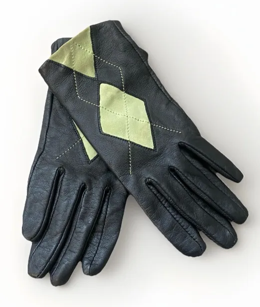 Altare Black Leather Gloves Womens S Argyle Green Contrast Lined Winter Driving