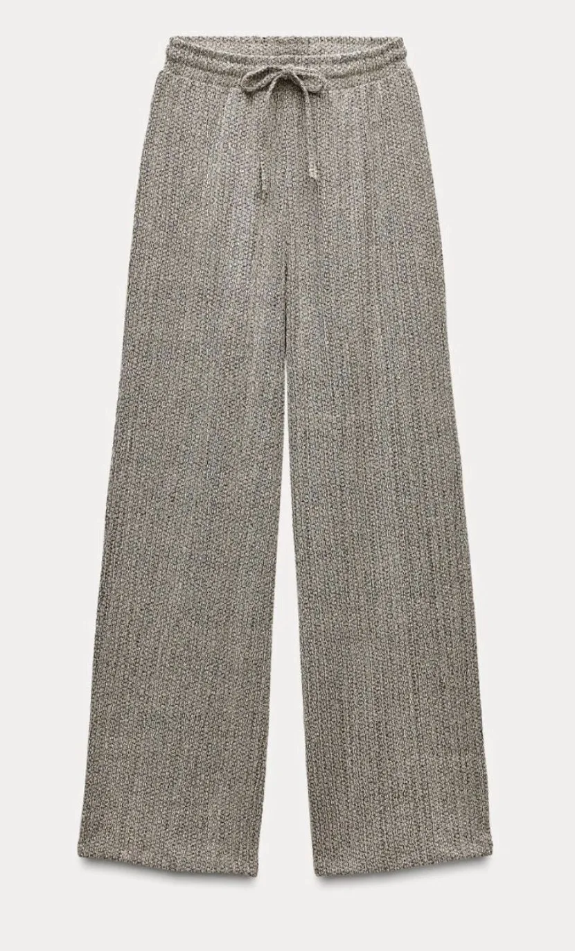 Zara Wide Leg Textured Elastic Waist Pants Resort Comfy Flowy Palazzo