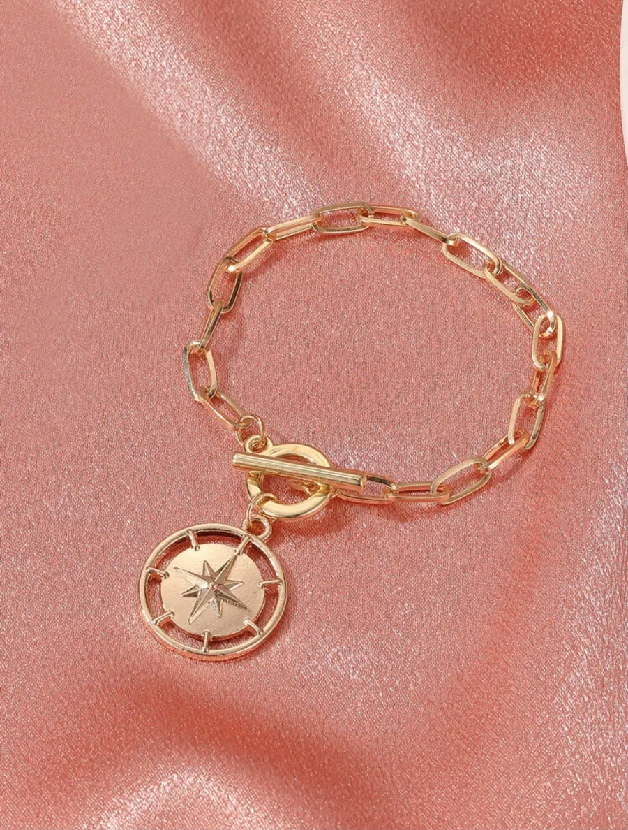 NEW Fantastic Nautical Compass Charm Toggle Bracelet Gold