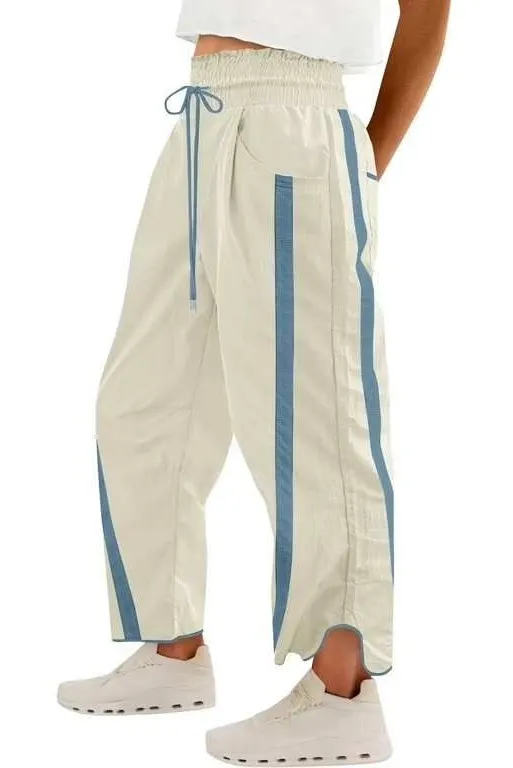 Track Pants M Camping Wide Leg Sweatpants Baggy Fit Drawstring Elastic Waist Blue Size M
