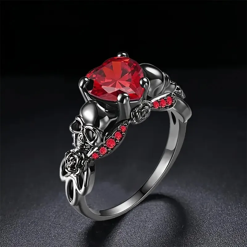 NEW Size6 ' Gothic Black Skull Ring with Red Heart, punk jewelry, gothic jewelry