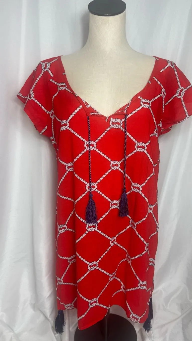 MudPie Nautical Beach resort Cover Up Red Tassels Sailing Red Nautical tunic M