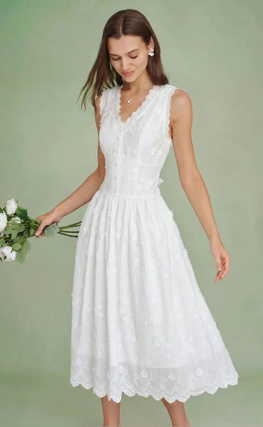 Rihoas White V Neck Embroidery Midi Dress Size M
