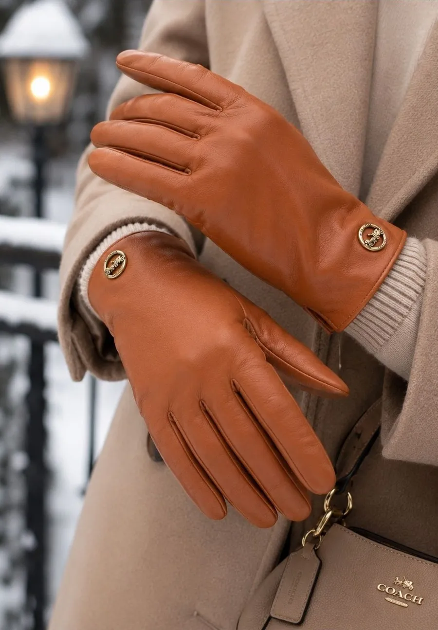 New Coach Leather and Wool Gloves, Sandstone