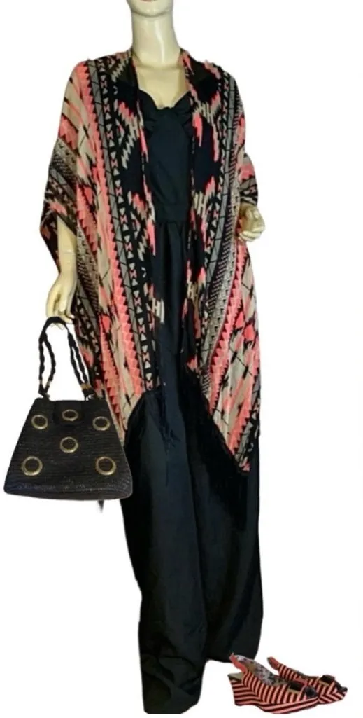 UNBRANDED FRINGE TRIM BLACK, CORAL & TAN SCARF/ SHAWL (OSFM) Black