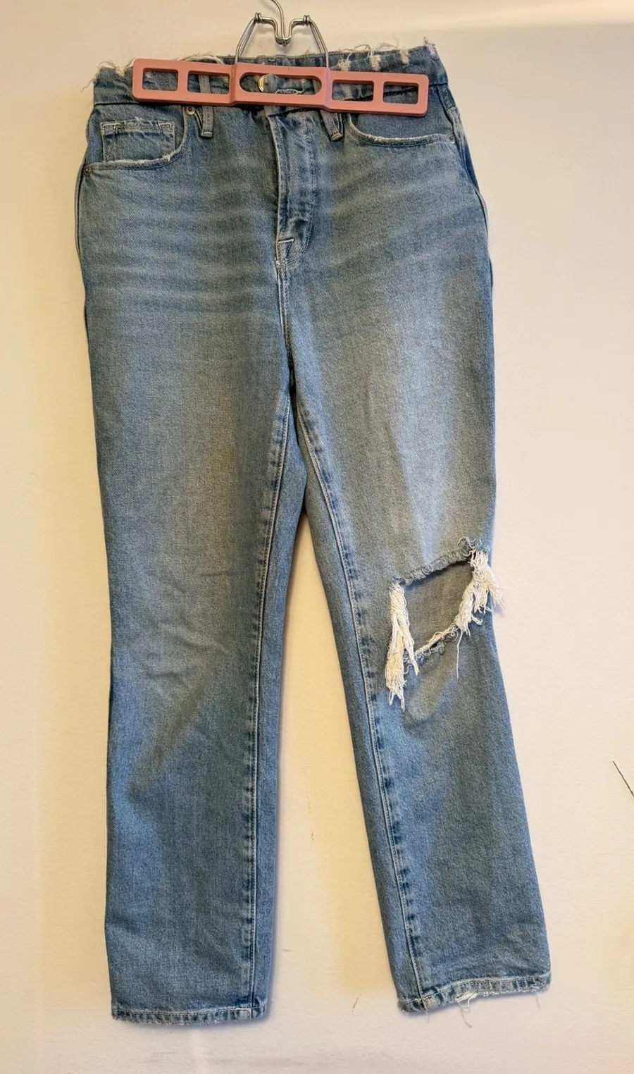 Good American Distressed Straight Leg Jeans Light Indigo Womens 0/25