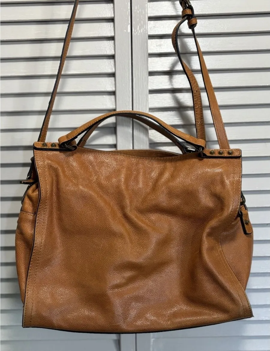C & C California Leather Bag Satchel Camel Double Strap Zip Brown