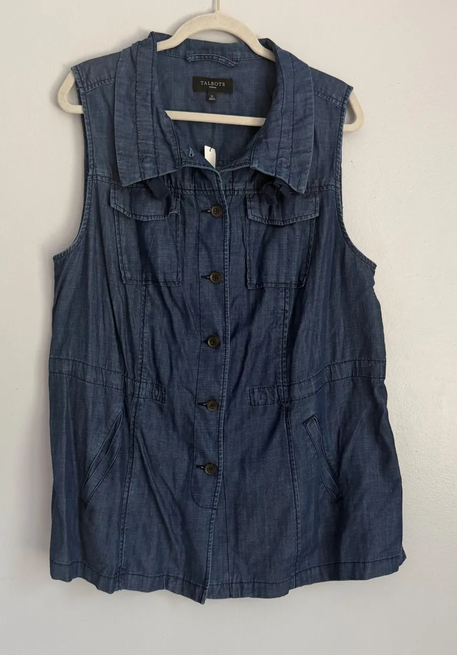 NWT Talbots Woman Blue Denim Utility Vest Lyocell Linen Blend 1X Modern