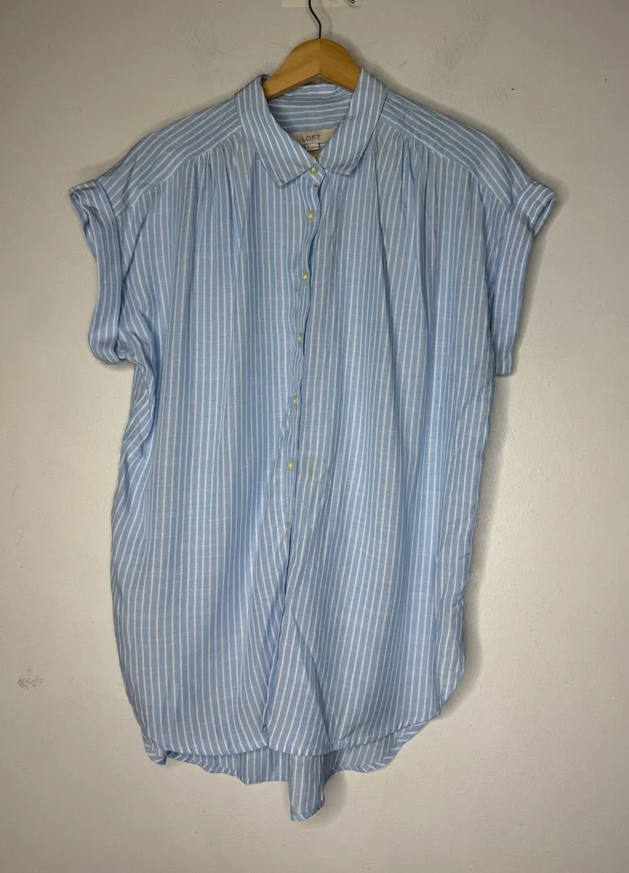 Loft Womens Blue White Striped Short Sleeve Button Down Rayon Shirt Medium