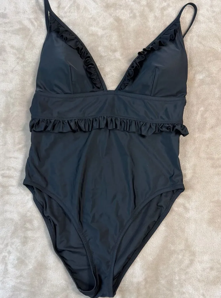 J. Crew Re-Imagined Plunge Black Ruffled One-Piece Swimsuit Size 12