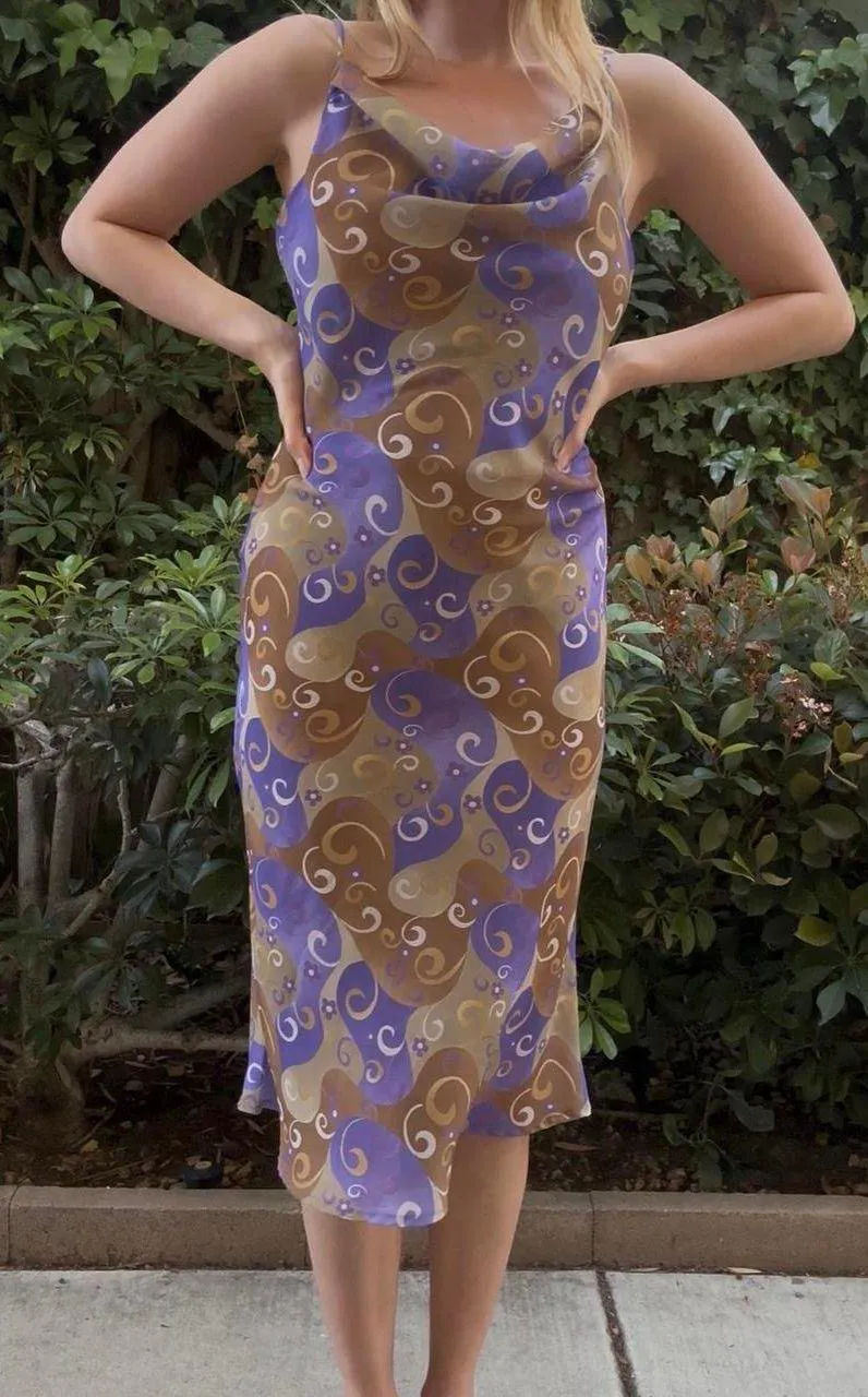 Vintage Purple Swirl Cowl Neck Midi Dress