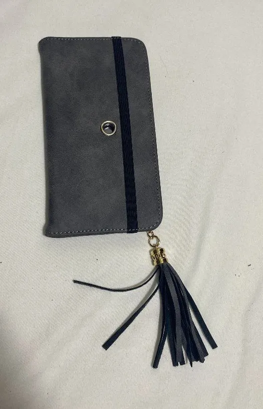 Gray Faux Leather Cell Phone Wallet Crossbody Purse Wristlet Card Holder Tassel