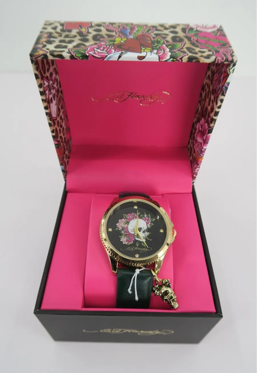 Ed Hardy Women Watch Gold Tone Skull Roses Black Strap Tattoo Art New In Box