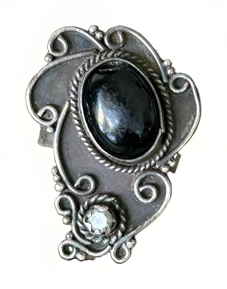 Vintage 925 Sterling Silver Black Onyx Real Diamond Statement Ring 8g Ornate 7.5