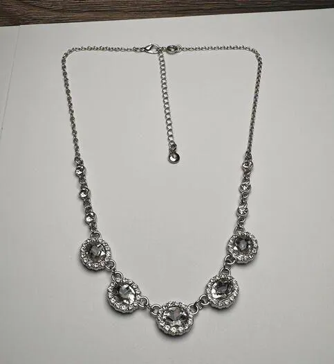 Roman Clear Rhinestone Silver Tone Necklace Signed RMN Adjustable Length