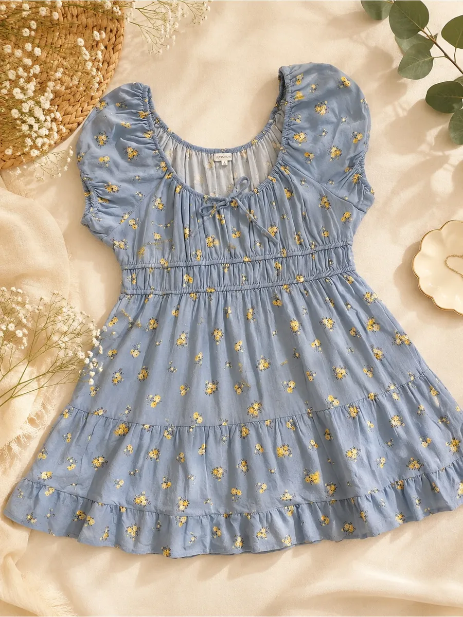 Ultra flirt women’s 1x sun dress blue background with yellow flowers