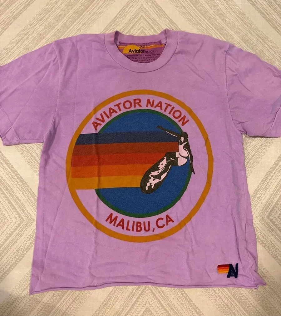 Aviator Nation Malibu CA Lilac Purple Graphic Tee XS Womens Soft T-Shirt