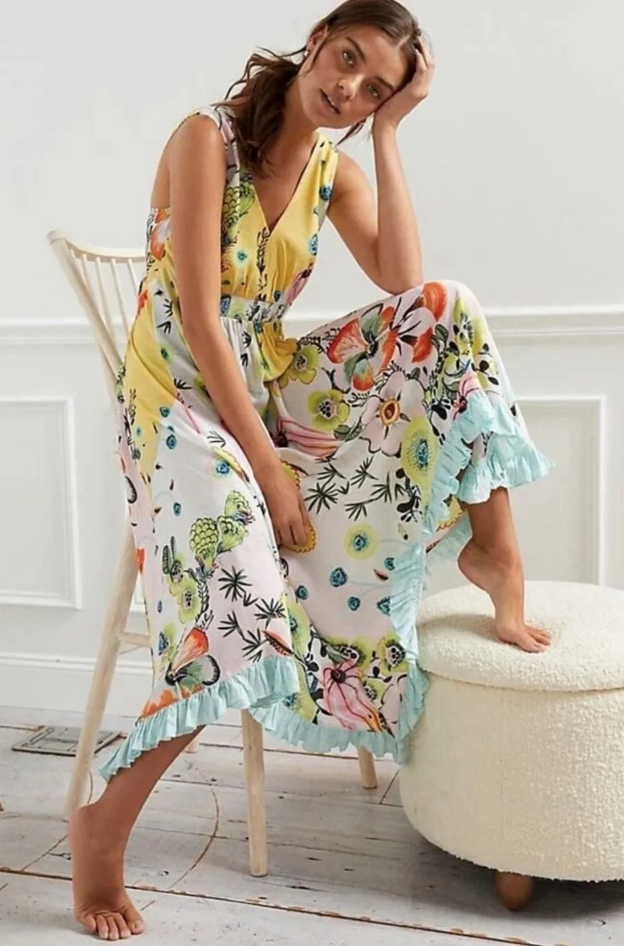 by Anthropologie Margaux Floral Maxi Sleep Dress Loungewear Ruffle Hem Size S